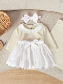 SHEIN Newborn Baby Girl Cute Casual Classical Knitted Patchwork Embroidered Lace Peter Pan Collar Long Sleeve Romper With Headband Set (Snap Closure) - Apricot - View 1