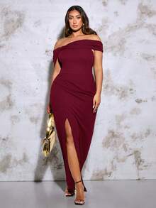 SHEIN BAE 大尺碼女士夏季時尚和優雅派對上倒褶單肩純黑色彈性針織開叉長裙 - 酒紅色 - 查看 5