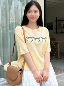 DAZY Top a maglia con motivo a fiocco, ideale per primavera e autunno, con volant - Giallo - Visualizzare 4
