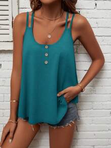 SHEIN LUNE 女士夏季鈕扣設計休閒坦克背心 - 藍色 - 查看 5