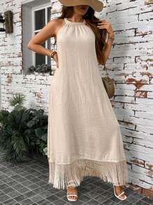 SHEIN LUNE 大码流苏下摆露背朴实衣服休闲女式连衣裙秋季舒适 - 杏色 - 查看 6