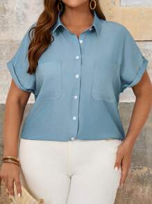 EMERY ROSE Summer Plus Size Women's Solid Color Batwing Short Sleeve Shirt With Pocket And Open Front - Navy Blue - View 4