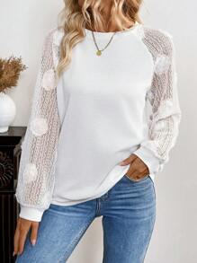 SHEIN LUNE Contrast Lace Raglan Sleeve Sweatshirt Pullover Fall Sweatshirt - White - View 3