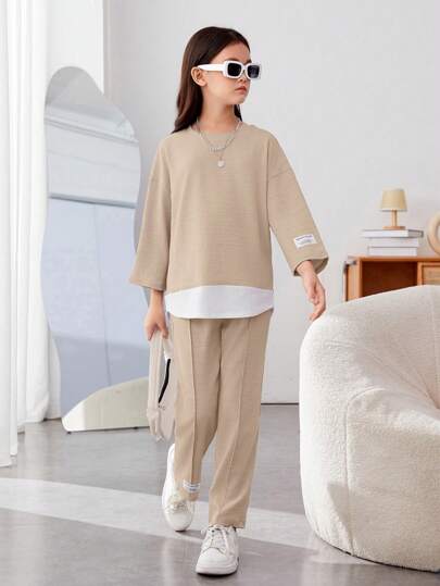 SHEIN Tween Girls' Casual Street Style Knitted Patchwork Round Neck Top And Long Pants Set,Graduation Outfit