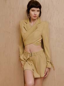 MONSE Mathilde Lhomme Designer Business Casual Crossed Tie And Open Back Blazer, For Holiday, Vacation, Going Out, Spring, Festival, Ibiza Fits, Office - Yellow - View 6