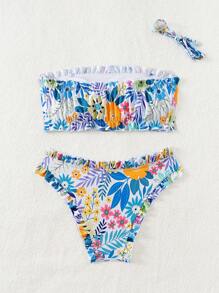 SHEIN Swim 女士夏季抹胸比基尼泳装套装，随机印花，两件套泳衣 - 彩色 - 查看 7