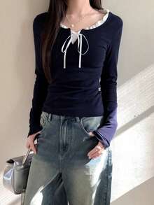 Women's Frill Trim Front-Tie Long Sleeve Casual T-Shirt, Spring And Summer