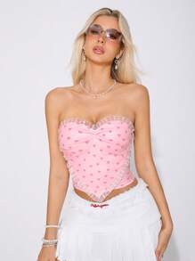 SHEIN Sweetina Áo ống dây màu hồng có họa tiết nơ hình trái tim Slim-Fit dành cho nữ - Hồng - Xem 6