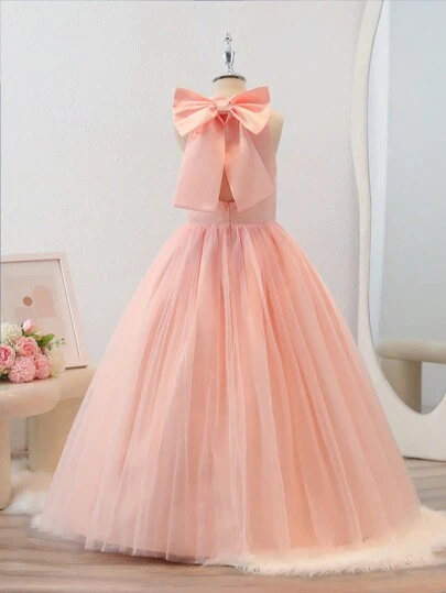 SHEIN Glamorique Kids Vestido de novia rosa elegante y glamoroso para adolescente con larga lazo, ideal para fiestas, bodas, banquetes y otras ocasiones