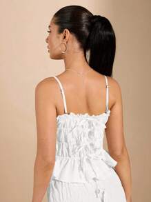 SHEIN BAE White Camisole With Ruffled Edges And Bow Decoration, Sexy And Sweet For Daily Wear