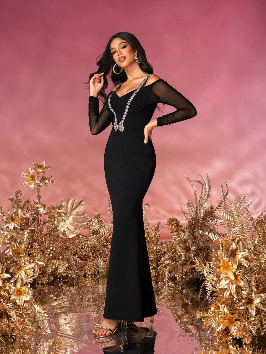 Elegante vestido de cóctel, fiesta de noche o graduación ajustado tipo sirena con tirantes y mangas largas