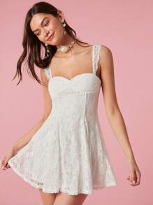 Enchnt 實心花邊荷葉邊肩帶系綁露背裙 - 白色 - 查看 1