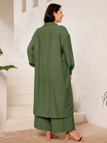 Mulvari Plus Solid Button Front Shirt & Pants - Army Green - View 2
