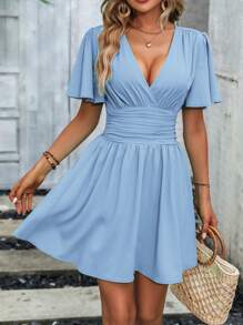 Wandoria Deep V-Neck Solid Color Butterfly Sleeve Ruched Waist Holiday Dress - Baby Blue - View 7