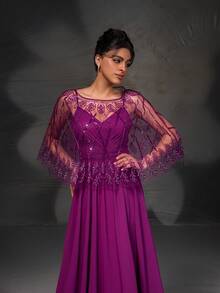 New Lace Turtleneck Shawl Elegant Dress Set Formal Evening Prom Wedding Guest Gown, For Graduation, Dinner