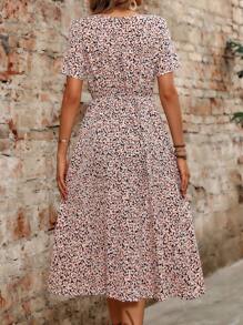 EMERY ROSE 简约几何碎花束腰连衣裙长款女装 - 咖啡 - 查看 7