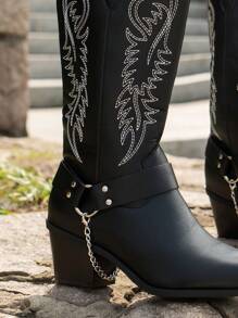 2024 New Style Women's Plus Size Western Style Boots, Elegant Details, V-Cut Embroidery, Fashionable Casual Slip-On Buckle With Chain Design Mid-Calf Riding Boots