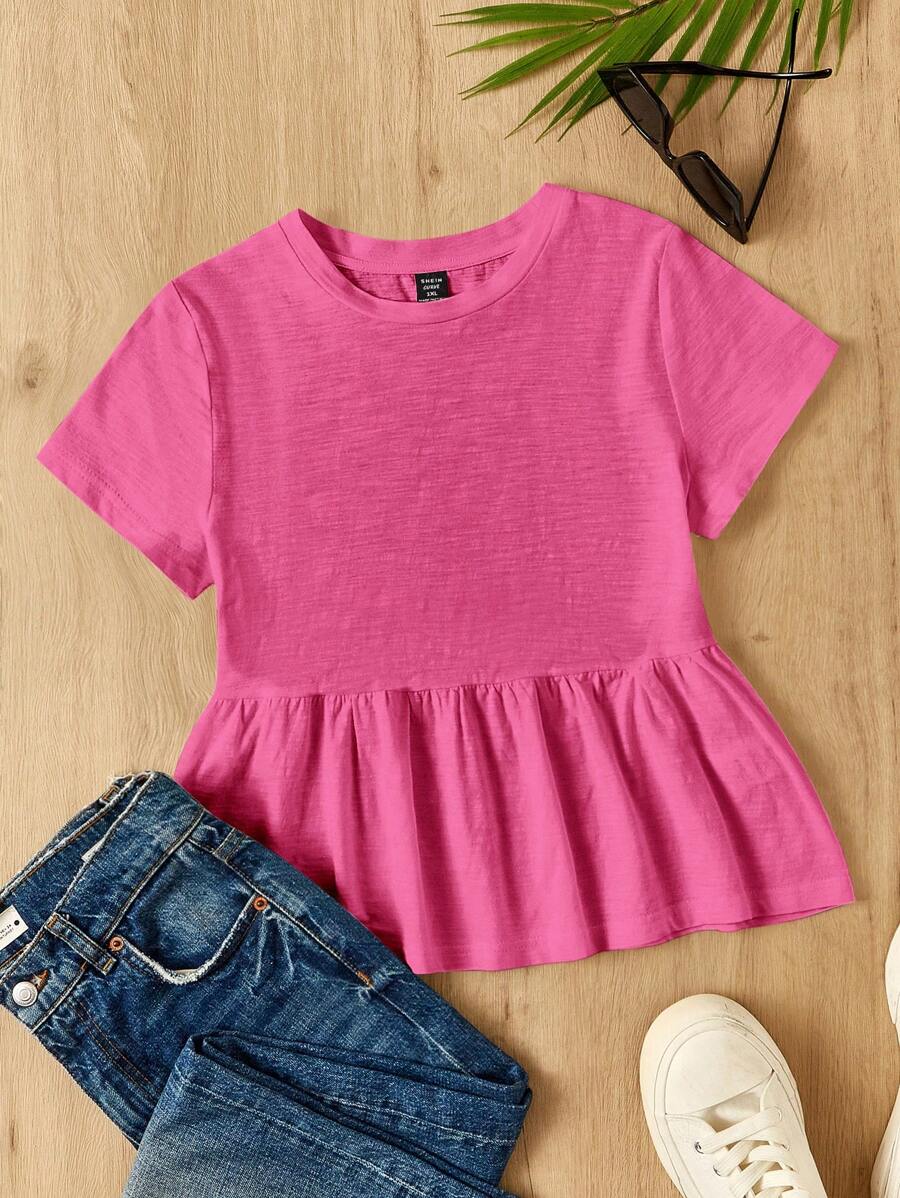 SHEIN EZwear 玫瑰红加大码女式圆领拼接A字纯棉罩衫T恤 - 玫紅色 - 查看 1