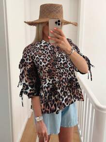 SHEIN Essnce 女士夏季打結襯衫，帶蝴蝶結袖口，豹紋印花女裝短袖襯衫 - 彩色 - 查看 5