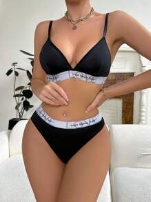 SHEIN Letter Tape Bra & Panty Lingerie Set - Black - View 3