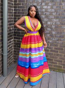 Slaydiva Vacation Sexy Striped Cami Colorful Gradient Print Women's Bodycon Dress Suitable For Music Festivals, Casual Streets, And Elegant Everyday Wear - A - Multicolor - View 1