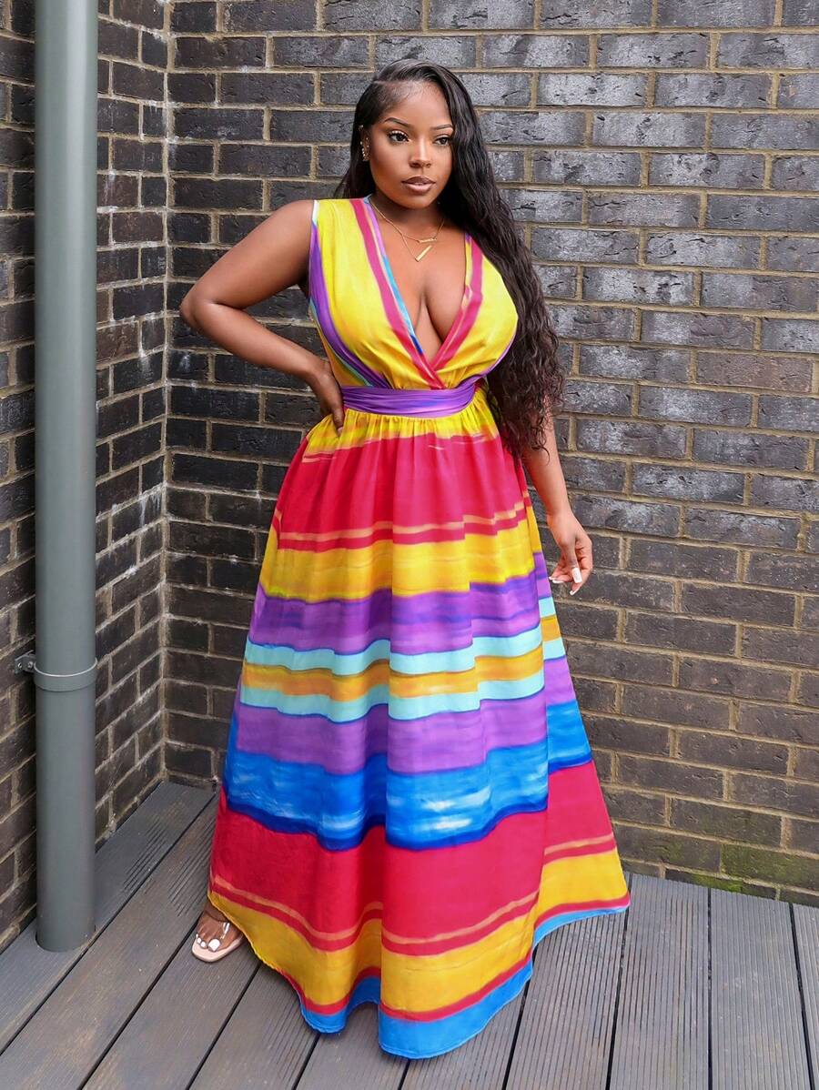 Slaydiva Vacation Sexy Striped Cami Colorful Gradient Print Women's Bodycon Dress Suitable For Music Festivals, Casual Streets, And Elegant Everyday Wear - A - Multicolor - View 1