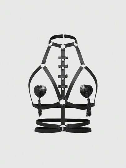 Grunge Punk Fashion Knitted Butterfly Double-Layered Fringed Waist Binding Adhesive Bra Set For Women