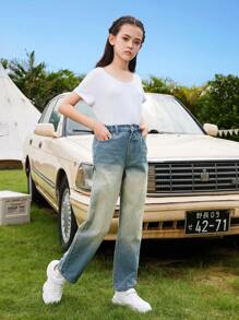 Girls' Fashionable Retro Wide Leg Denim Jeans, Medium Wash Blue - Medium Wash - View 7