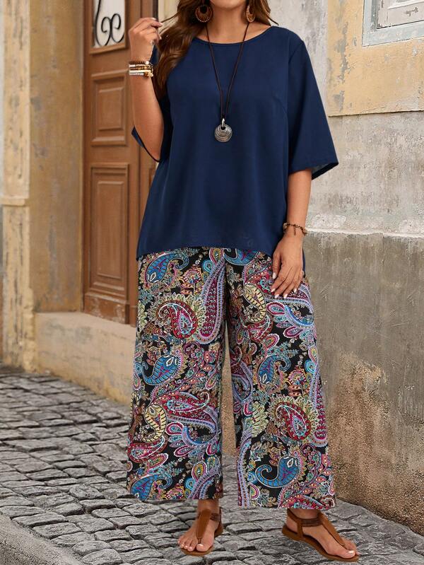 EMERY ROSE Plus Size Women's Summer Round Neck Half Sleeve Shirt And Paisley Printed Wide Leg Pants, Loose Holiday Two Pieces Set,Holiday Outfits Boho,Western Wear Women