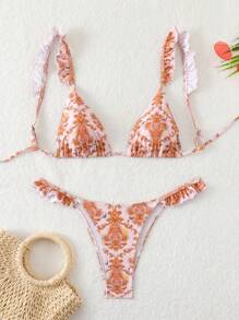 SHEIN Swim Conjunto de bikini sexy con estampado floral y volante para mujer para playa de verano, impresión aleatoria