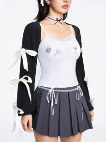 ROMWE Kawaii Girls' Casual Layered Cute Bow Tie Decorated Cover Up With Lantern Sleeves And Open Front, Sunscreen And Air-Conditioned Cover Up - Black - View 2