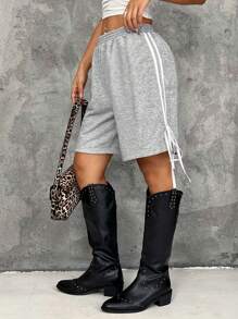 Muchica 灰色針織寬鬆短褲，女性休閒短褲，側邊網紋及打結腰帶 - 灰色 - 查看 4