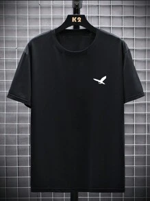 Camiseta casual de manga corta y cuello redondo con estampado de águila para hombres de talla grande de verano - Negro - Ver 2