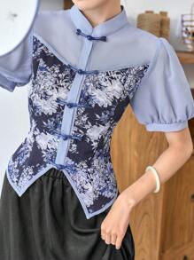Modelyn Áo Hanfu in hoa cài nút phía trước, viền bất đối xứng, áo Hanfu cải tiến - Màu xanh lam - Xem 1