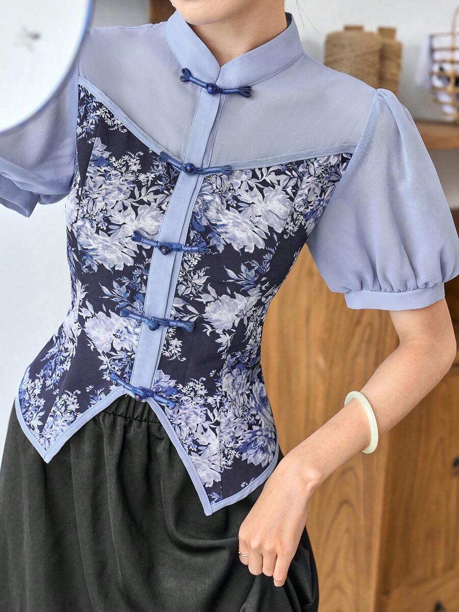 Modelyn Áo Hanfu in hoa cài nút phía trước, viền bất đối xứng, áo Hanfu cải tiến - Màu xanh lam - Xem 1