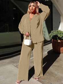 2入組時尚休閒褶裥衫和舒適寬腿褲女裝套裝 - 卡其色 - 查看 5