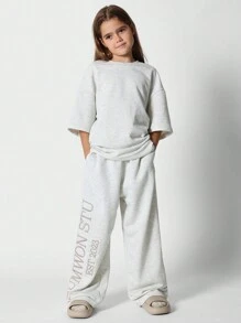 SUMWON Tween Girls Everyday Play Oversized Elbow Sleeve Tee And Loose Fit Sweatpants With Embroidery Print 2 Piece Set - Grey - View 1
