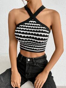 SHEIN EZwear Summer Cross Neck Black & White Striped Knitted Top