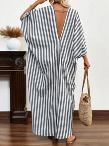 Breezaya Striped Print Batwing Sleeve Casual Dress For Summer Maxi Women Outfit - Dark Grey - View 2