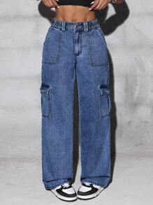 SHEIN PETITE Flap Pocket Side Cargo Jeans - Dark Wash - View 6