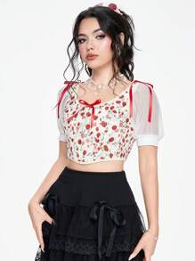 ROMWE Kawaii Sweet Rose Print Cami Top For Women - Burgundy - View 6