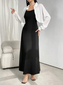 Mulvari Solid Button Front Shirt & Skirt For Dailywear - Black and White - View 1