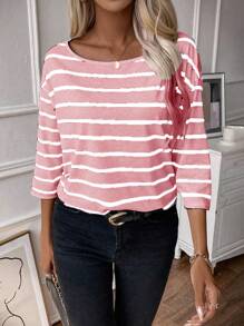 SHEIN LUNE Striped Print Drop Shoulder Tee For Summer Graphic Tees Women Tops Fall Cloth For Women