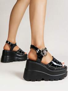 Nữ Màu Đen Bằng Sáng Chế Da Phong Cách Gothic Nêm Dép Có Khóa Nhện Dây Đeo Mắt Cá Chân Giày Đế - màu đen - Xem 3