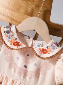 Baby Girls' Vintage French Lady Style Dress For Spring And Summer, With Lace, Printed Flowers, Peter Pan Collar, Short Puff Sleeves And Puffy Hemline