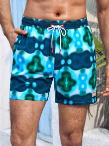 Manfinity Pantalones cortos de playa y baño para hombres con estampado de tie-dye y cintura con cordón ajustable para vacaciones