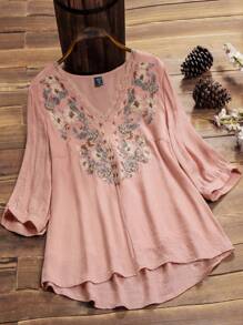 Linhara 夏季加大花朵刺绣灯笼袖衬衫