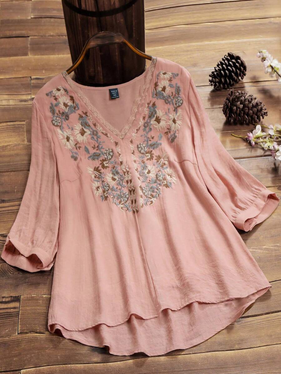 Linhara 夏季加大花朵刺绣灯笼袖衬衫