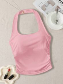 SHEIN Essnce Women's Bra-Free Neck-Hanging Chest Pad Tank Top For Spring/Summer - Pink - View 1