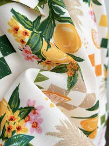 SHEIN WYWH Vestido corto con pliegues de línea A, cinturón ajustado con estampado a cuadros colorido, divertido diseño impreso con frutas y destapado en la espalda, con nudo decorativo en la parte trasera. Estilo campestre de verano para mujer en vacaciones. - Multicolor - Ver 7